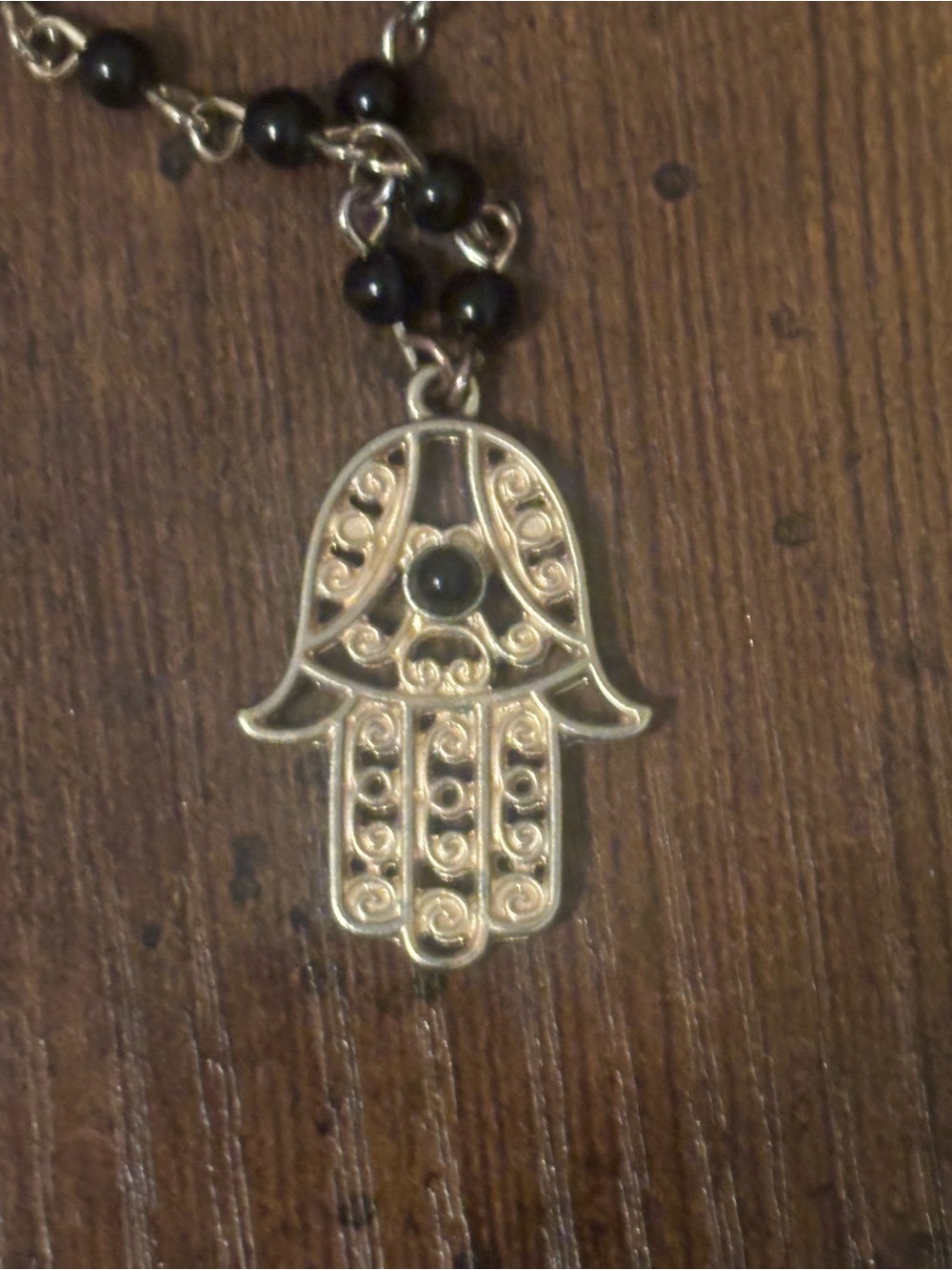 Gold Hamsa Hand Pendant Necklace with Black Beads - Women Jewelry